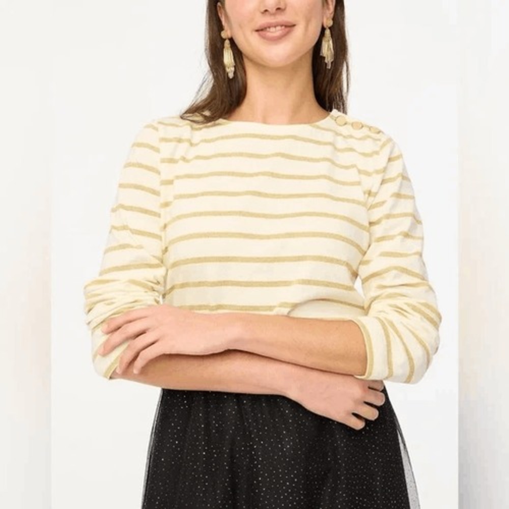 J.Crew Artist Tee Womens‎ XXS Ivory Gold Metallic Striped Button Shoulder BU467